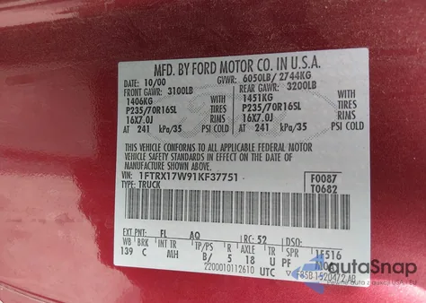 2001 Ford F-150 Lariat/Xl/Xlt from USA, damaged, VIN 1FTRX17W91KF37751